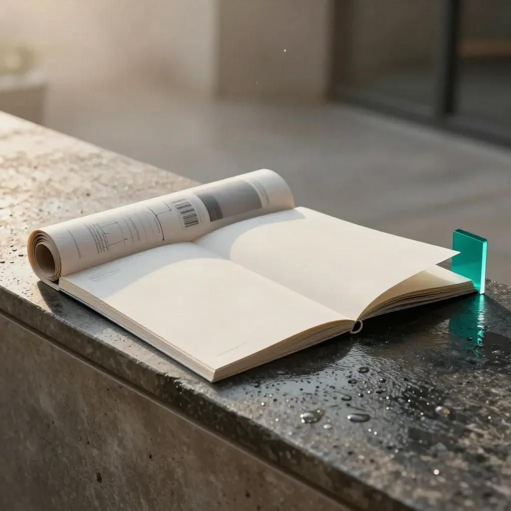 Teal launch bundle on rain-dark stone with a rolled site map sleeve and page panels.