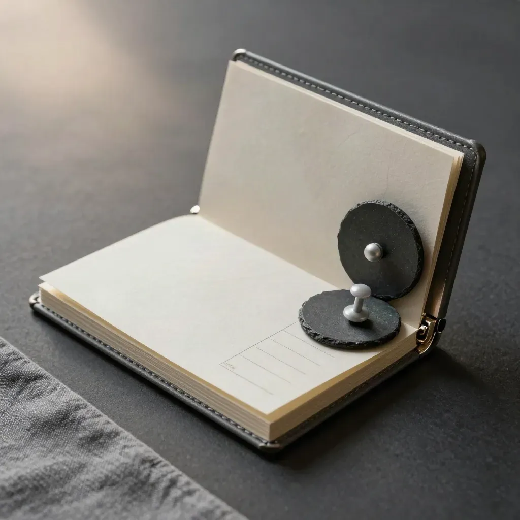 Macro of a local SEO starter kit with map-pin discs and a blank checklist booklet on a dark field.