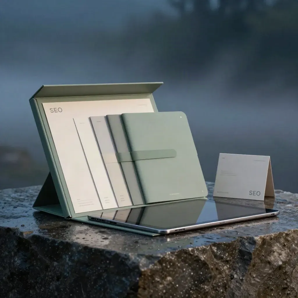 Launch kit box with swatches, panels, SEO folder and tablet on a wet plinth at dawn