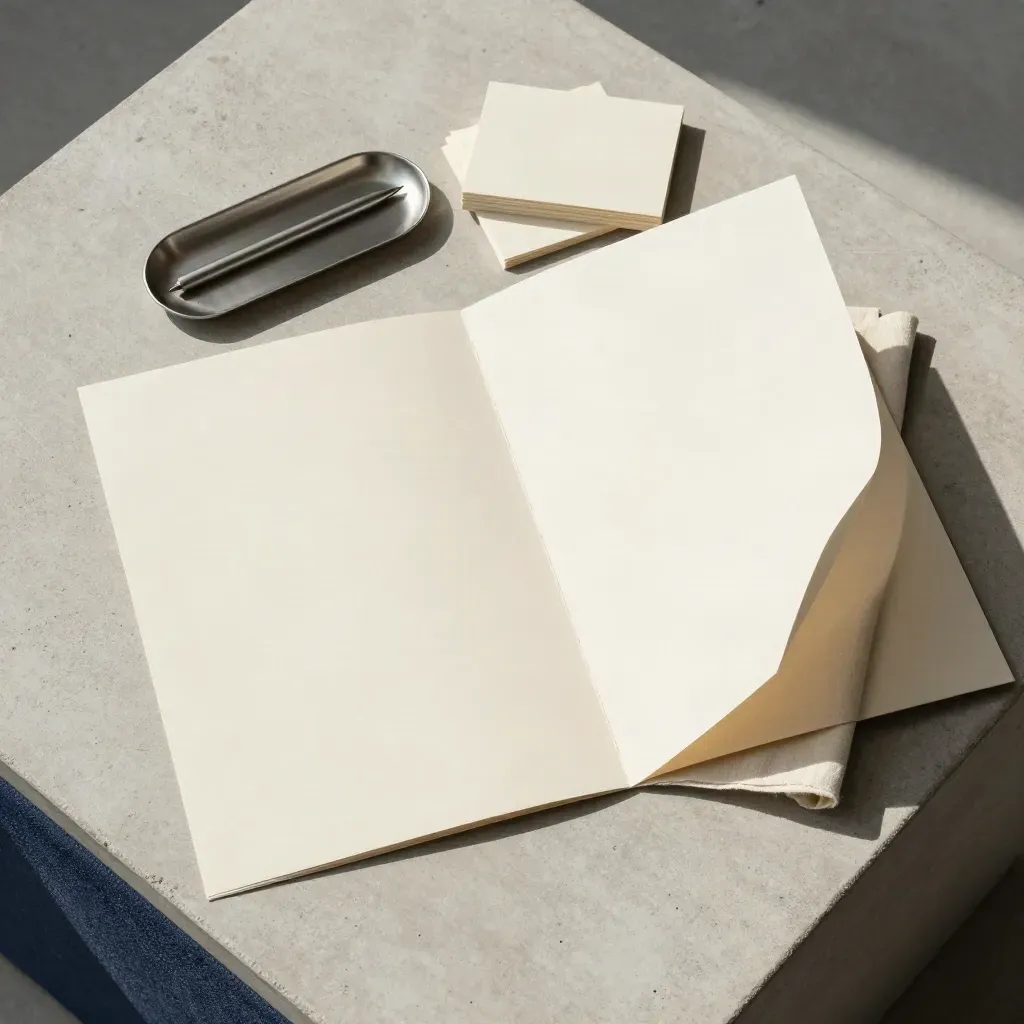 Overhead flatlay of a cream copy pack with blank cards, linen folds, and a slim pen tray.