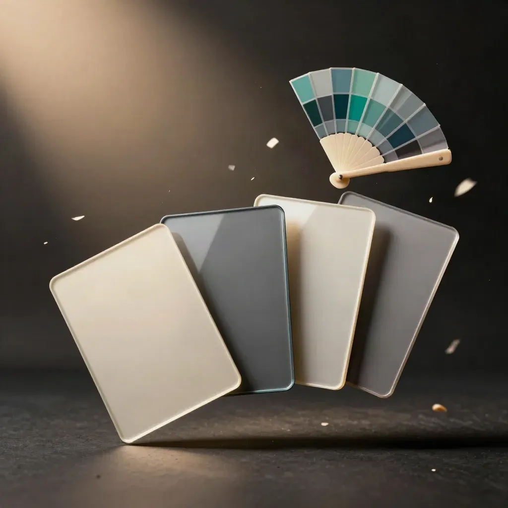 Glossy ad cards, acetate stack and color chips drifting in a dark studio haze.
