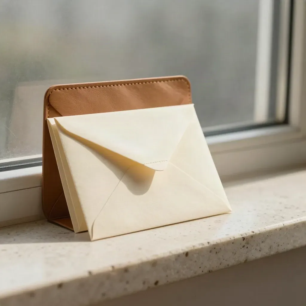 Luxury email welcome kit in a leather sleeve on travertine with soft window haze.