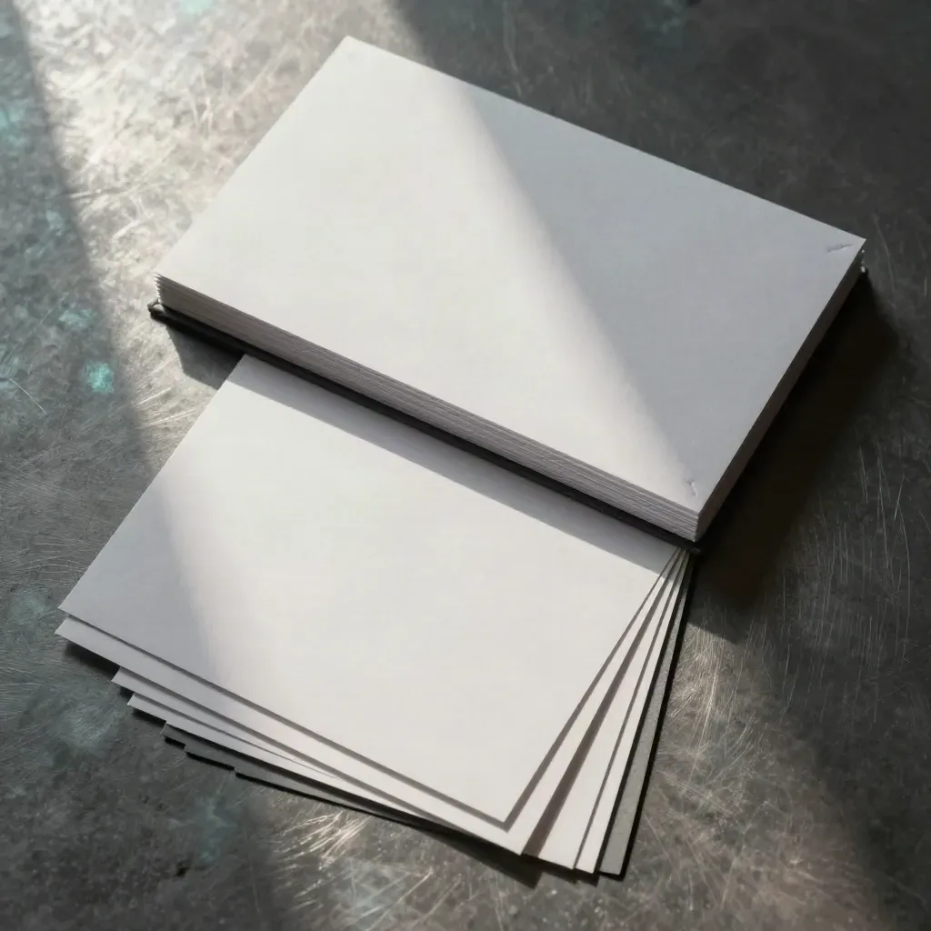Overhead SEO content pack flatlay with booklet, blank cards, and paper tabs on brushed metal.