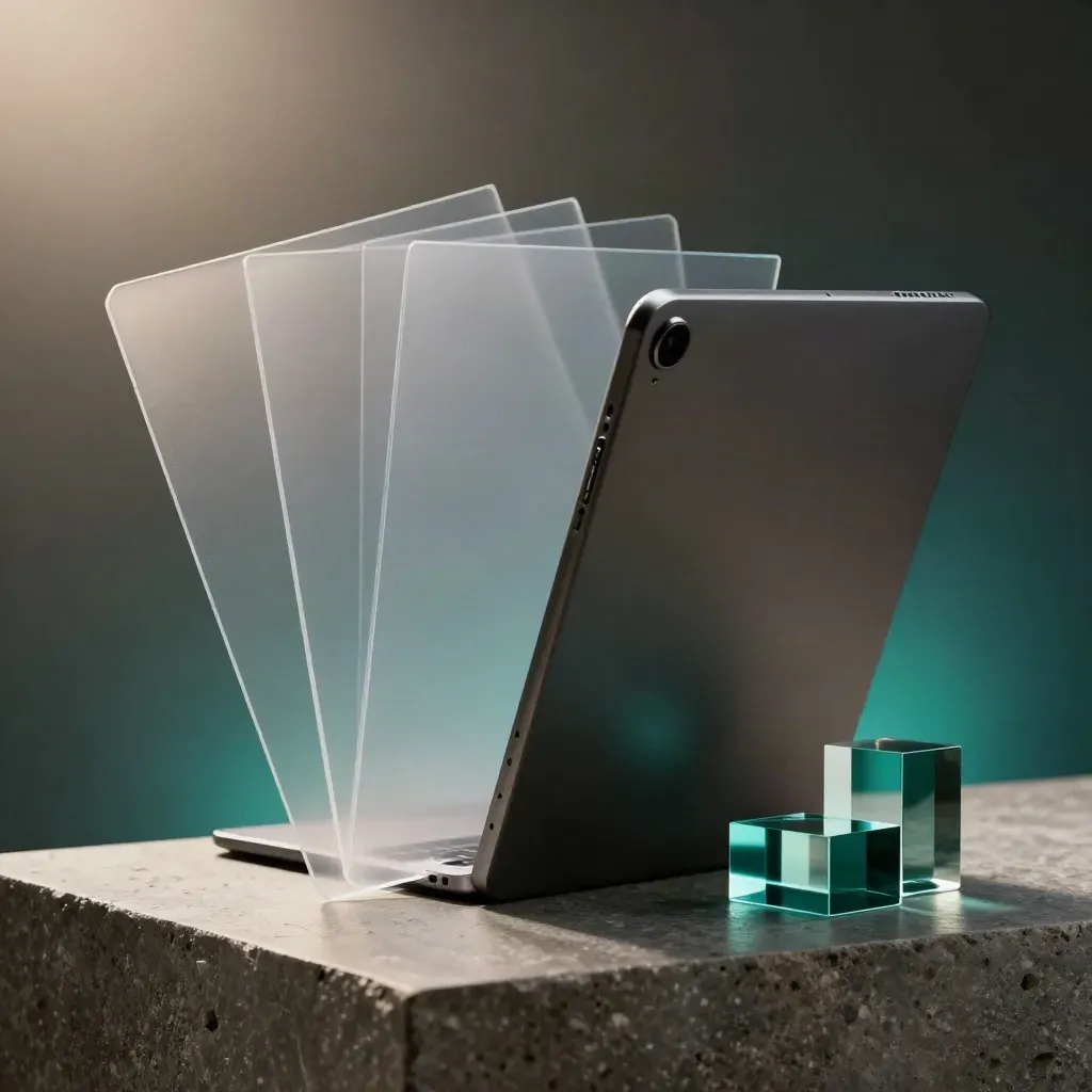 Analytics report kit with translucent sheets, dark tablet and acrylic blocks on a pewter stone surface