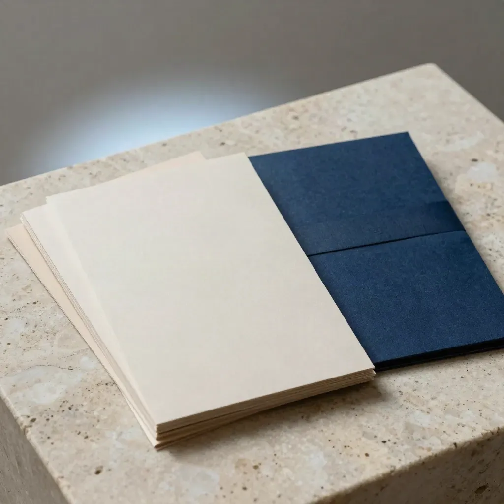 Homepage copy kit with blank cards, paper strips, and a cloth sleeve on travertine.