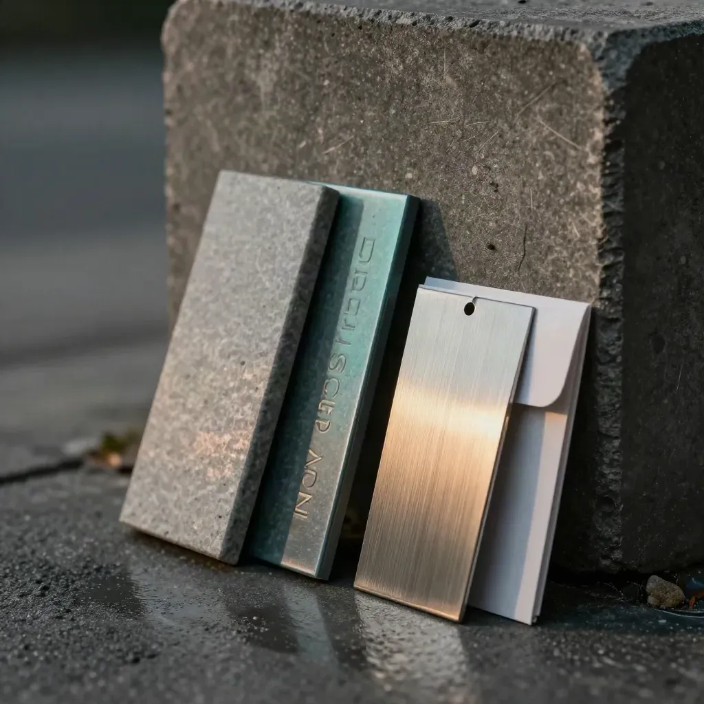 Macro of listing kit pieces against concrete with soft teal accent and blurred reflection.