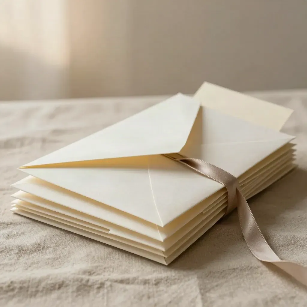 Folded envelopes, ribbon tie and sleeve stacked diagonally on linen in soft light.