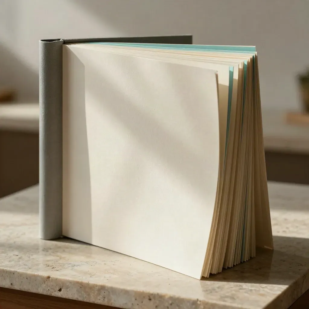 Folded sales-page kit with cascading sheets and stone-grey spine on limestone, lit from upper left.