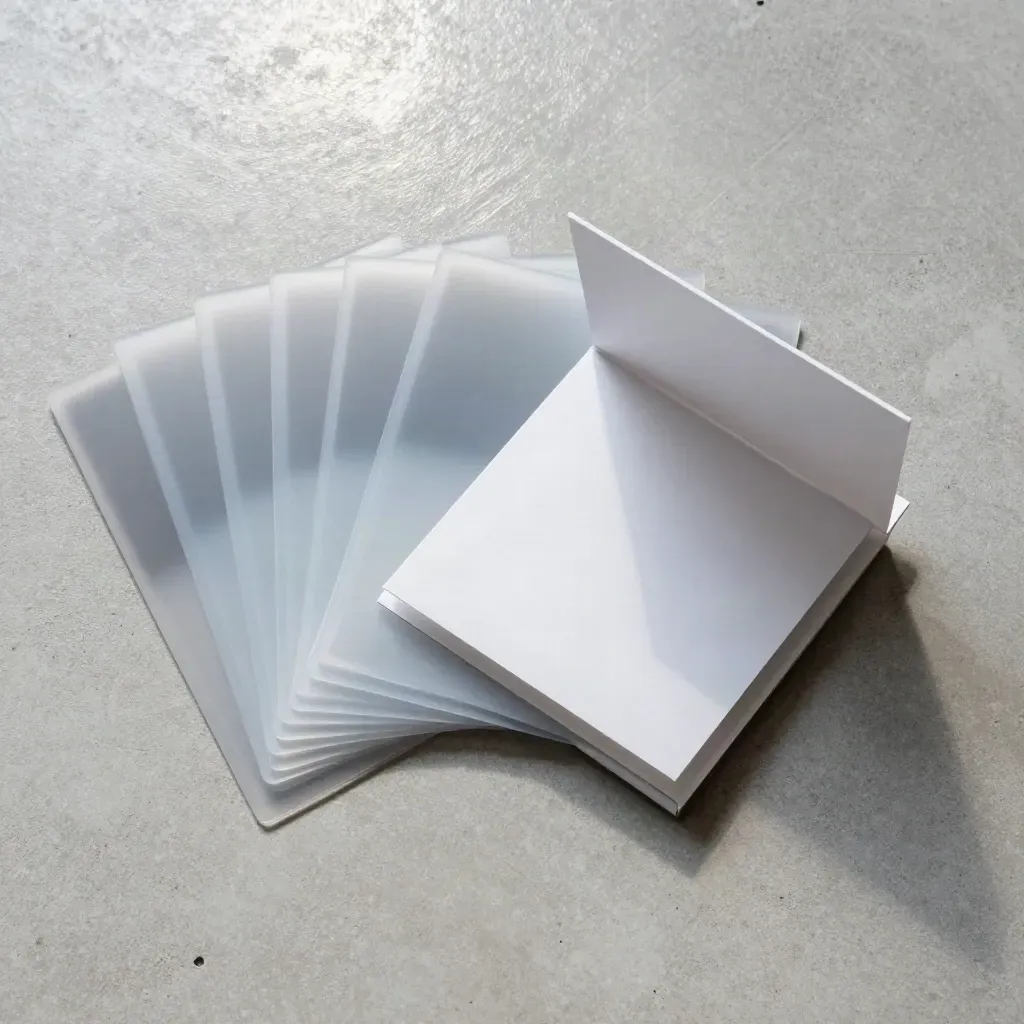Top-down flatlay of a translucent ad creative pack with a hinged sample case on concrete.