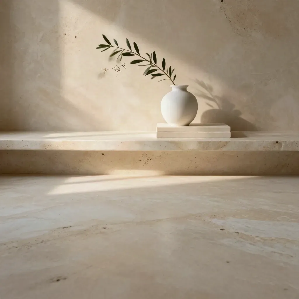 Travertine ledge, plaster wall and olive branch in warm late-morning light.