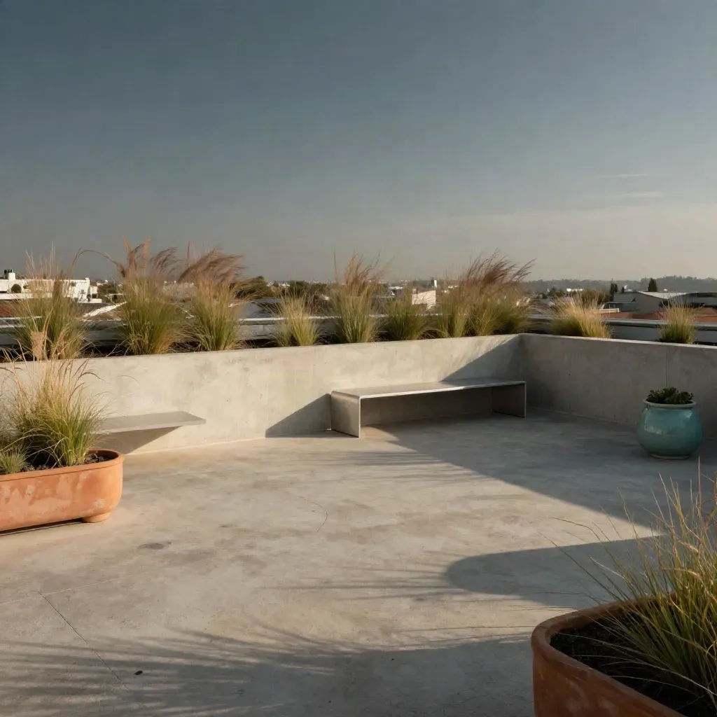 Sunlit rooftop terrace with grasses, concrete parapet, teal accent, and blurred skyline.