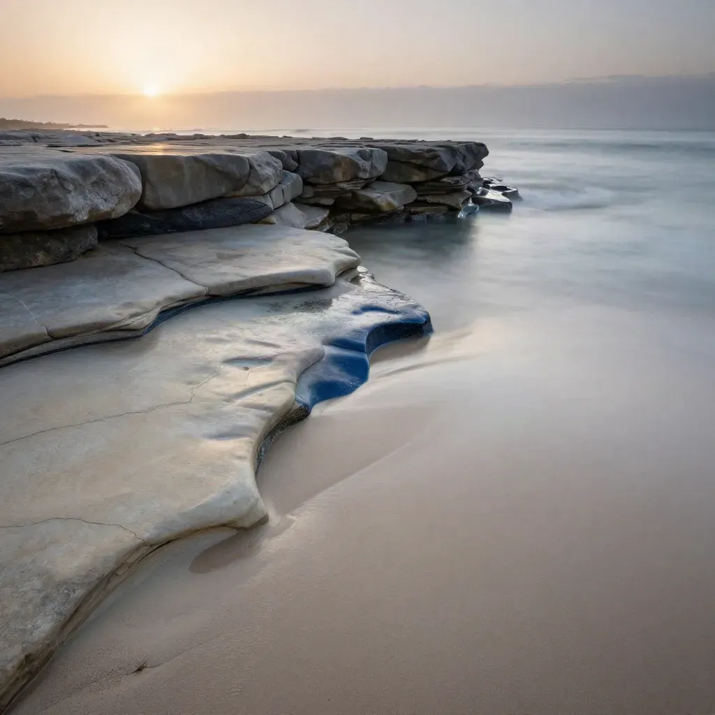 Coastal stone ledge above misty surf at sunset with calm copy space below