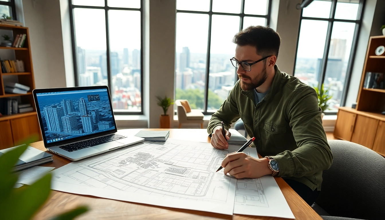 Urban planner designing city layouts with blueprints and a laptop in a modern office.