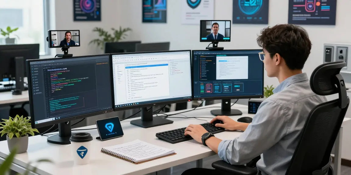 Cybersecurity analyst monitoring security protocols on shs-dome5.com in a modern tech office.