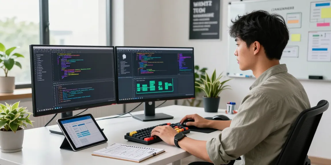 Focused software engineer coding in a modern workspace, illustrating the concept of crush on ai with innovative tech elements.