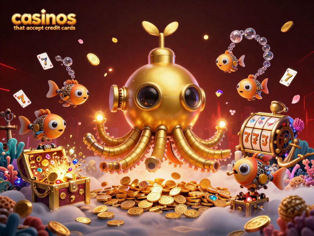 Experience exciting games at casinos that accept credit cards with golden kraken and treasure.