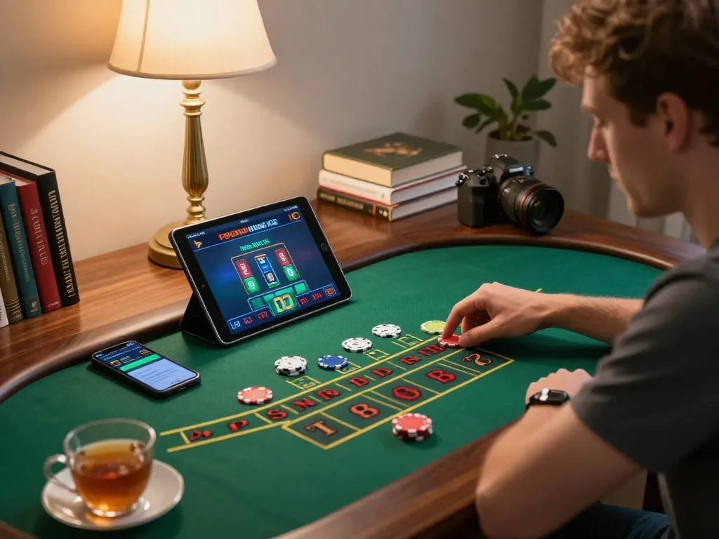 Player engaging in tg88 live dealer blackjack, showcasing responsible gaming in a cozy home office