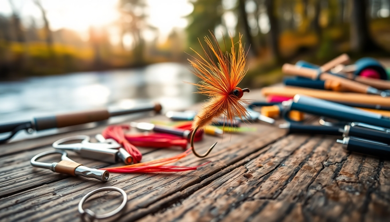 Artist meticulously engaged in fly tying with bright materials on a wooden workbench.