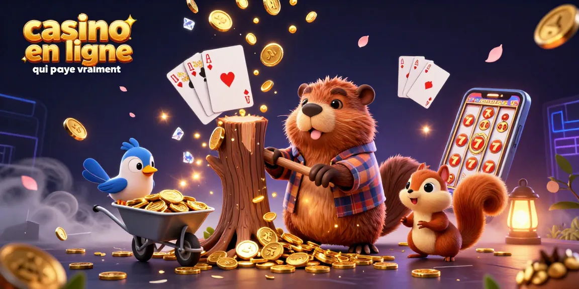 Illustration dynamique sur le thème du casino en ligne qui paye vraiment, mettant en scène un castor bûcheron et des personnages collectant des pièces d'or.