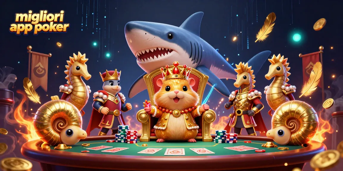 Migliori app poker: Giocatori alle prese al tavolo con un re hamster d'oro in un castello sottomarino