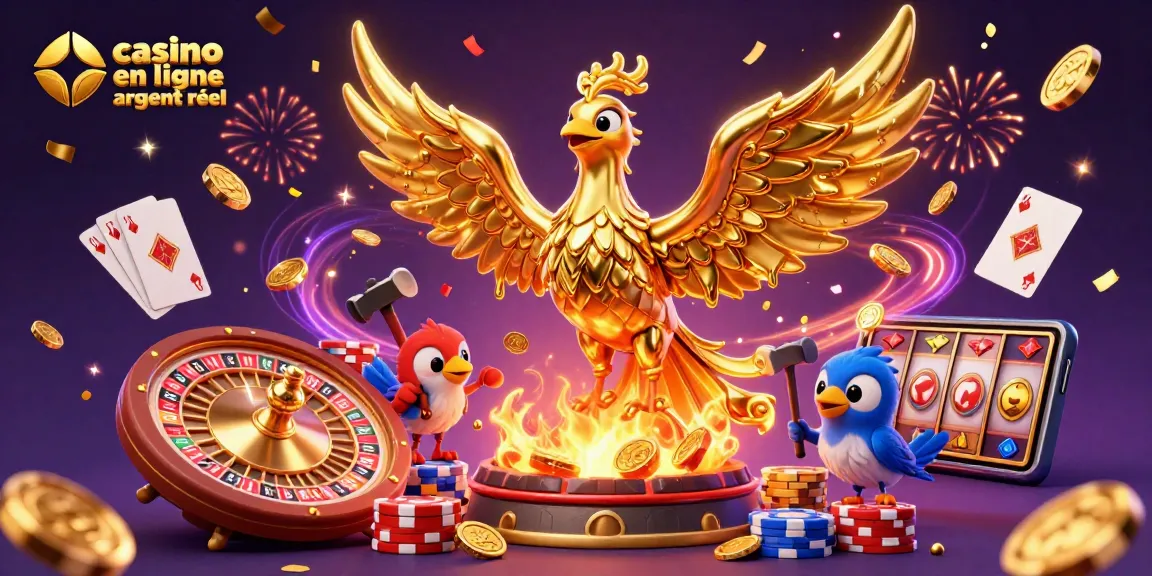 Gagnez avec le casino en ligne argent réel ; illustration animée d'un phoenix doré et des éléments de jeu.