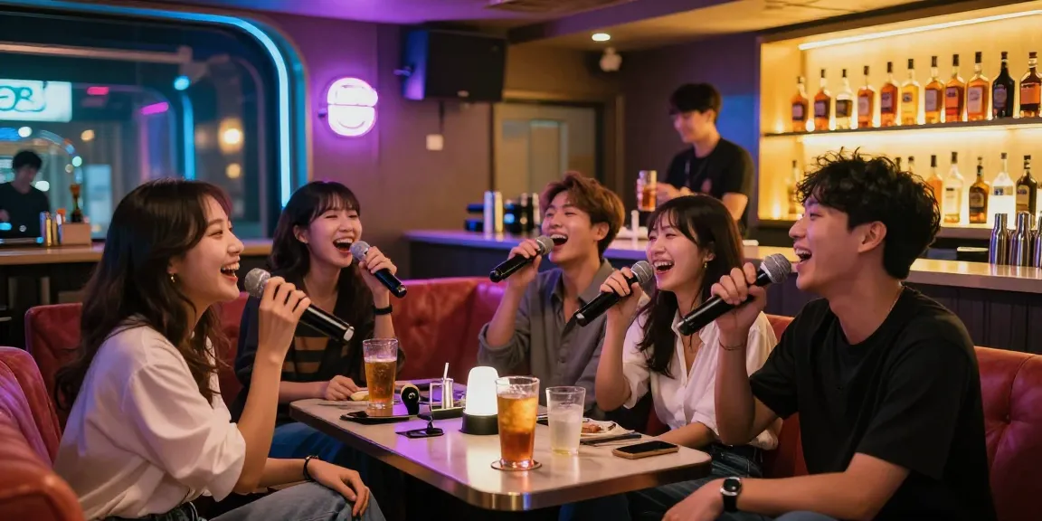 Enjoy the vibrant 제주도유흥 nightlife with friends laughing and singing at a karaoke bar.