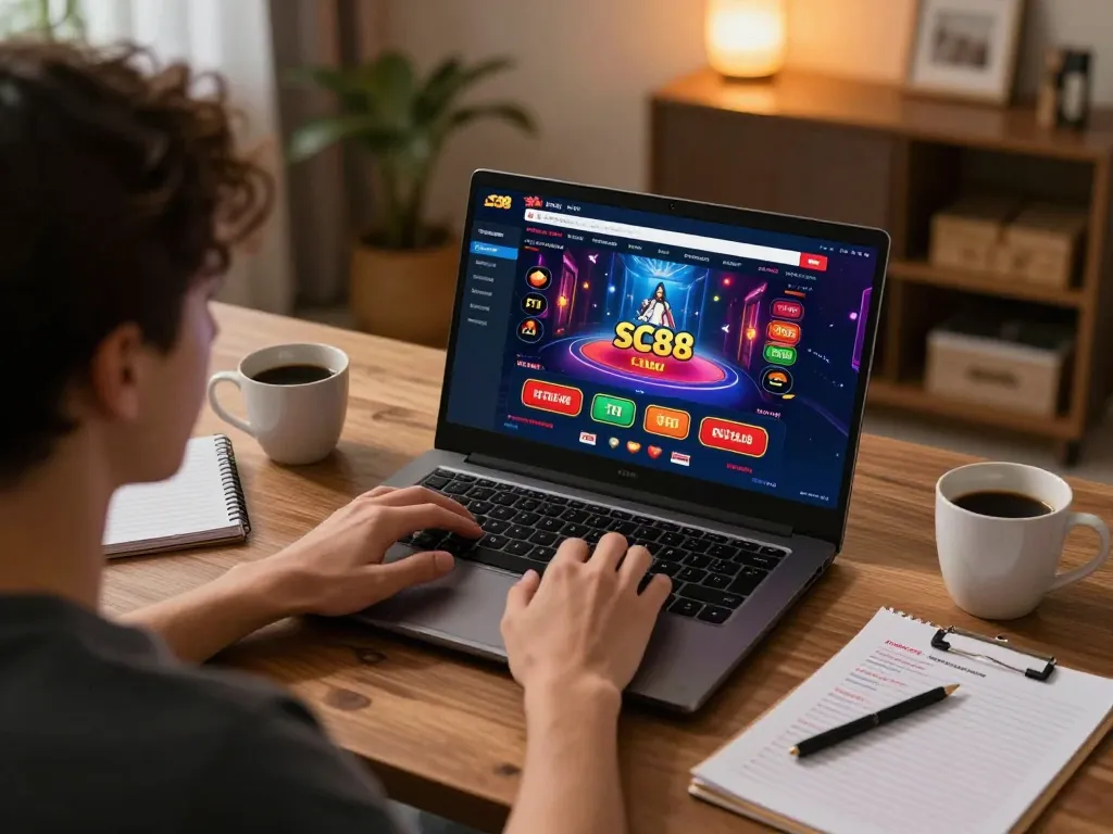 User actively playing on SC88's online casino interface with laptop and gaming notes.