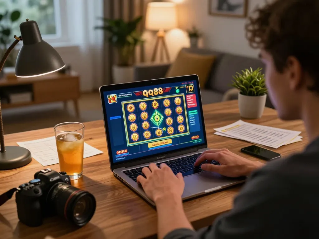 Person engaging in a thrilling qq88 slot game on a laptop at home, surrounded by focused betting notes and drinks.