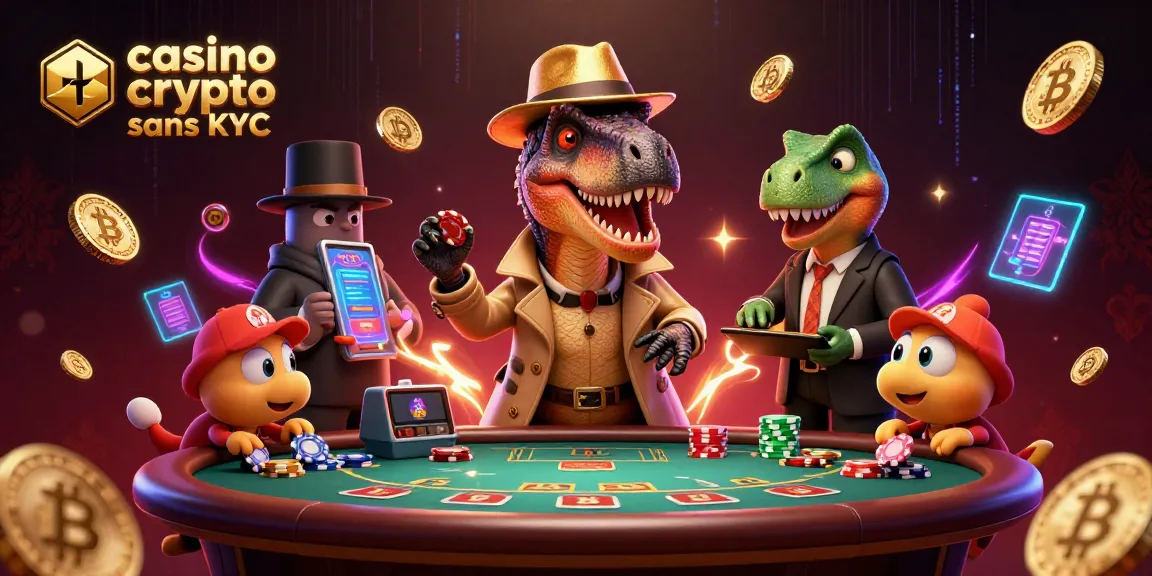 Une scène de casino crypto sans KYC avec un vélociraptor joueur, un pit boss stégosaure et un pickpocket compy.