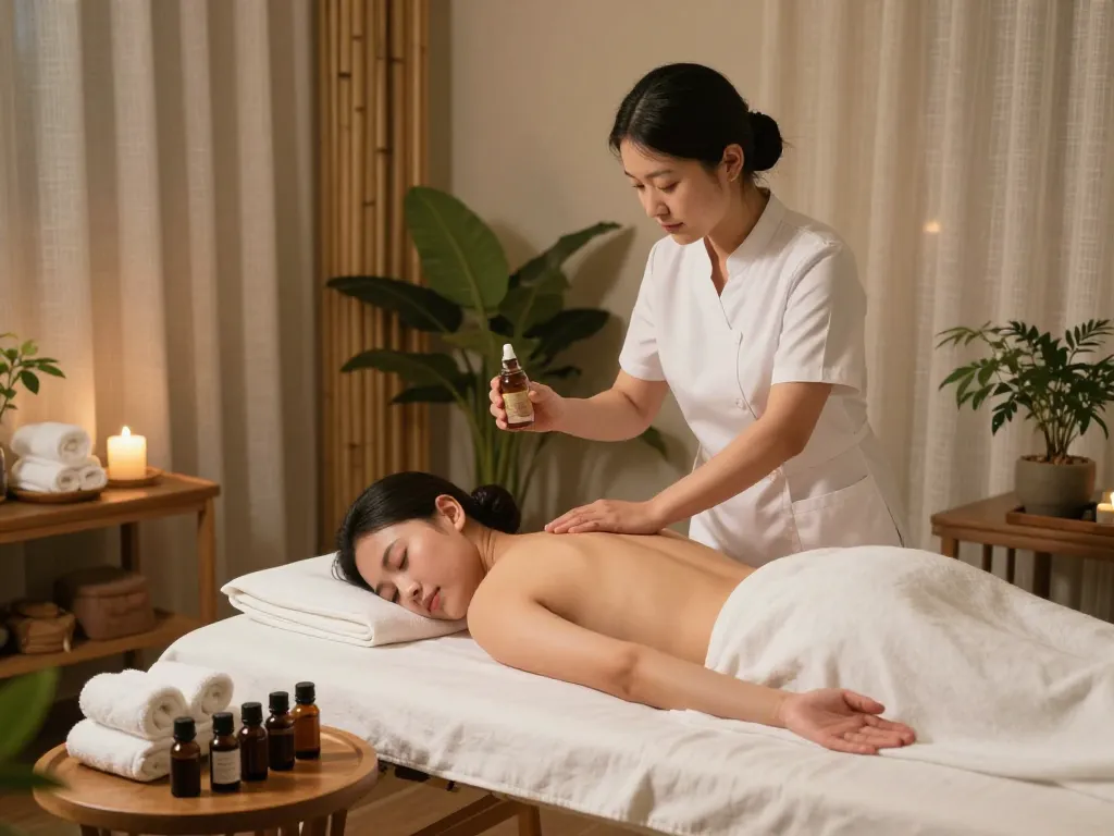 Tranquil massage therapy session at makangs.com/region/국내/서울-/마사지-스웨디시, featuring a skilled therapist preparing for a Swedish massage with calming elements.