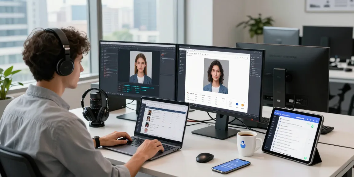 Data scientist using an AI detector in a high-tech workspace, analyzing AI-generated images.