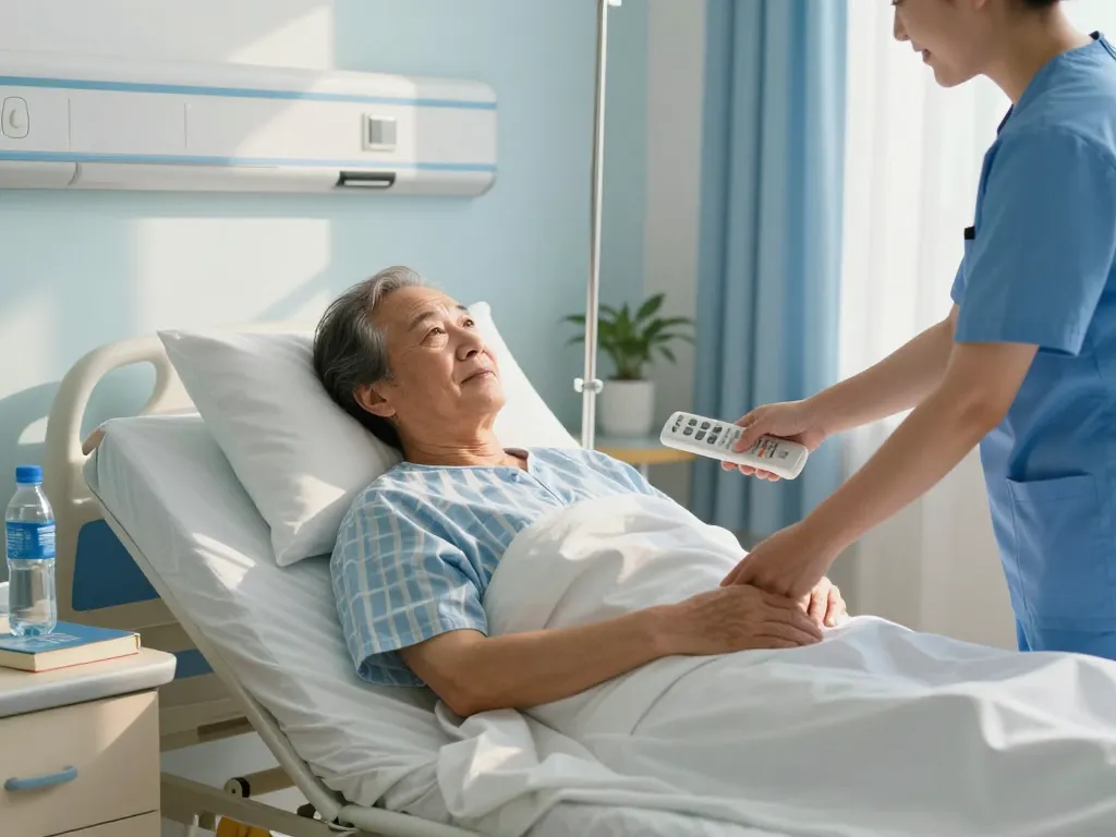 Comfortable giường bệnh nhân in a hospital room with an elderly patient and caregiver, showcasing a warm atmosphere.