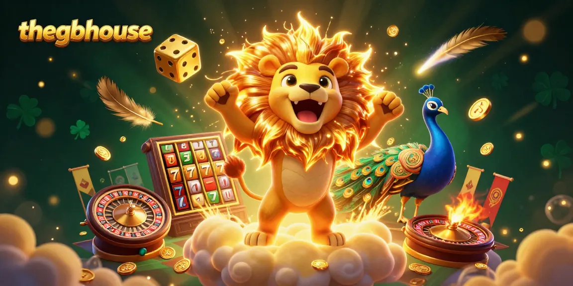 Spin with thegbhouse at a vibrant casino scene featuring a roaring lion amidst playful games.