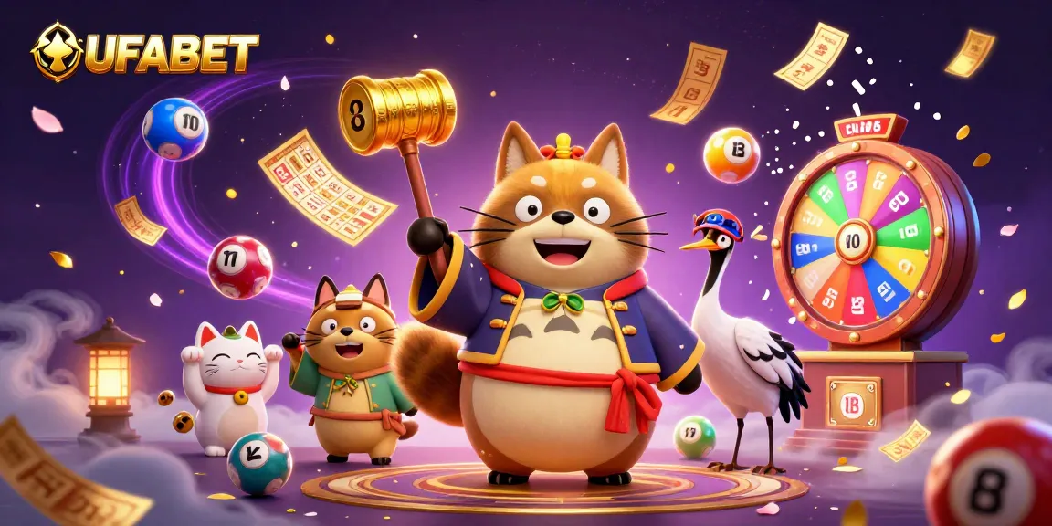 Experience the excitement of UFABET with colorful lottery activities and vibrant characters in a thrilling gambling scene.