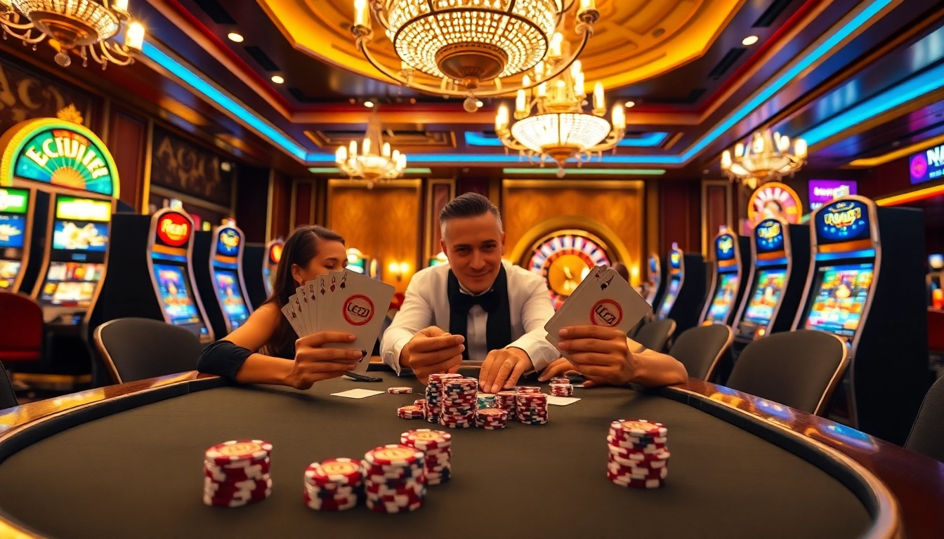 Leci123 poker players engaging in thrilling games at a casino table.