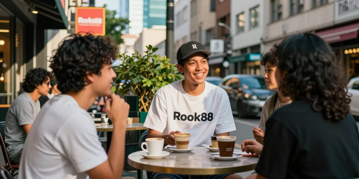 Fashionable individual enjoying casual coffee with friends at the trendy rokok88 café.