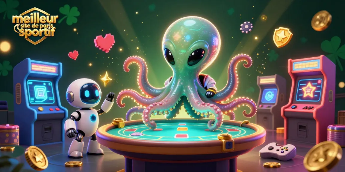 Visitez le meilleur site de paris sportifs avec une illustration d'un octopus extraterrestre jouant au poker.