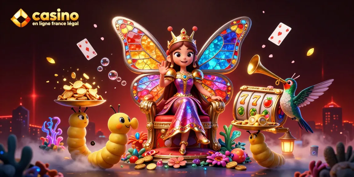 Illustration d'un royaume de jeux avec une reine papillon, symbolisant un casino en ligne France légal.