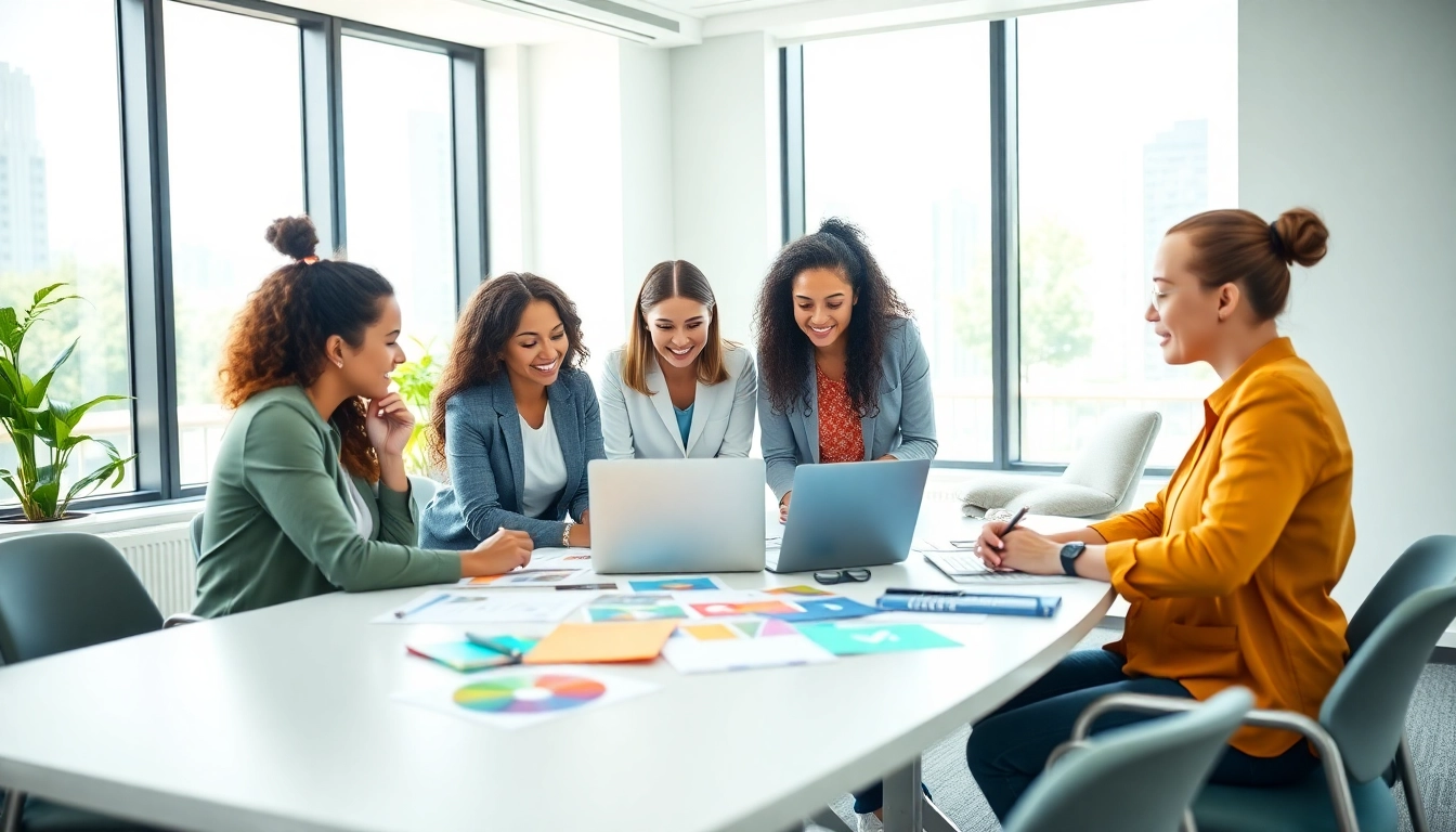 Engaging online marketing edmonton strategy session with a diverse team collaborating in a bright office.