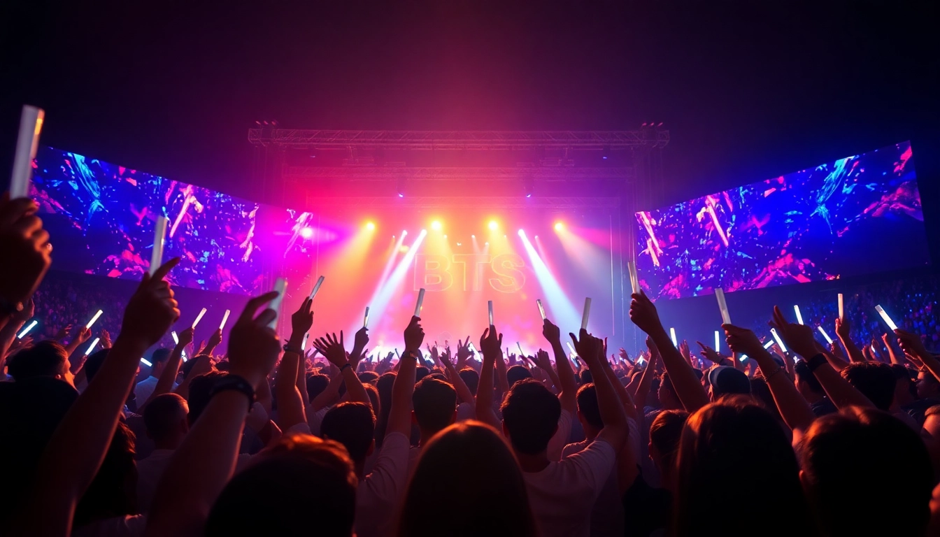 BTS news highlights vibrant concert scene with fans enjoying live performance.