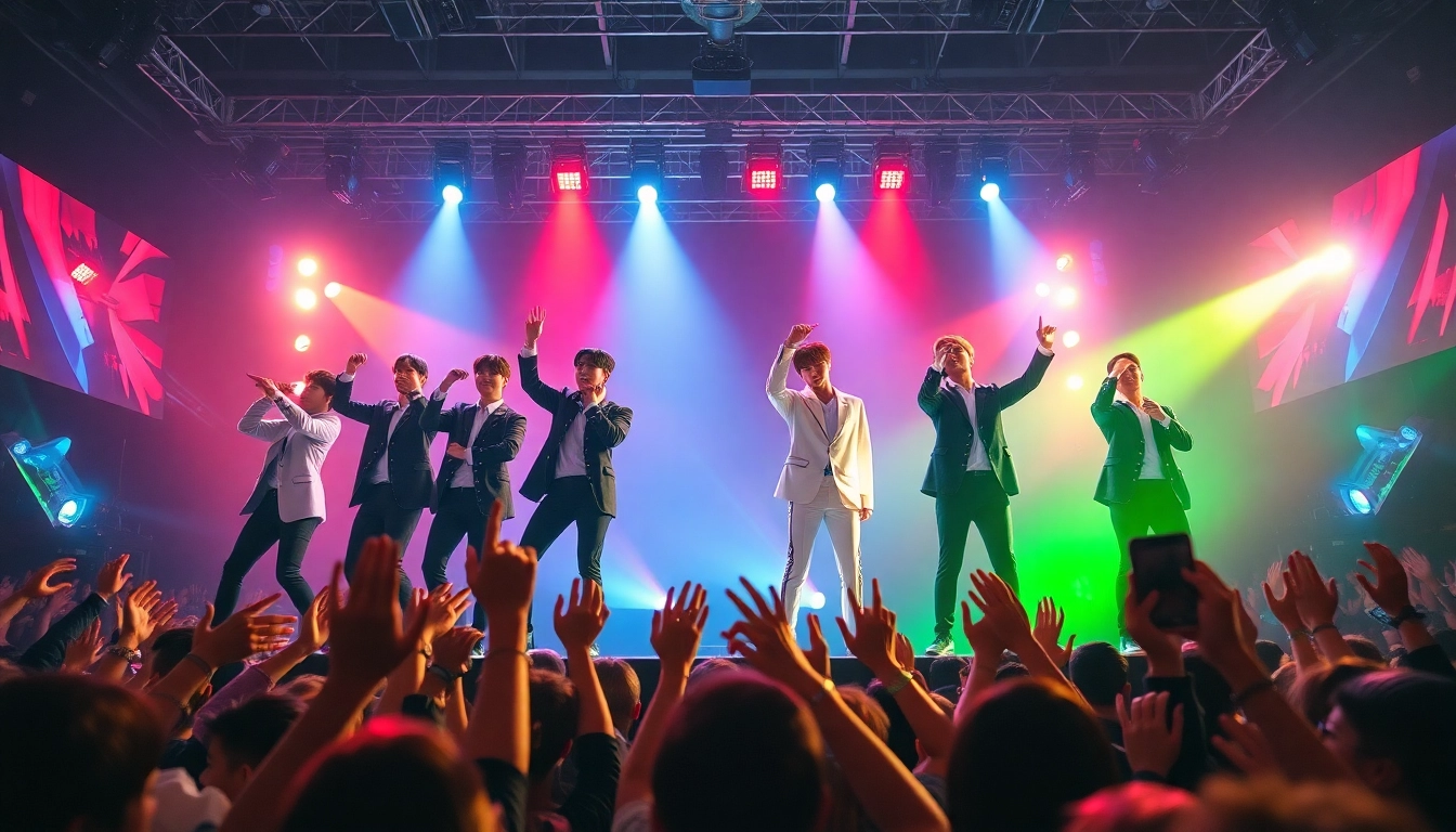 BTS news update showcasing the band performing live to a vibrant audience.