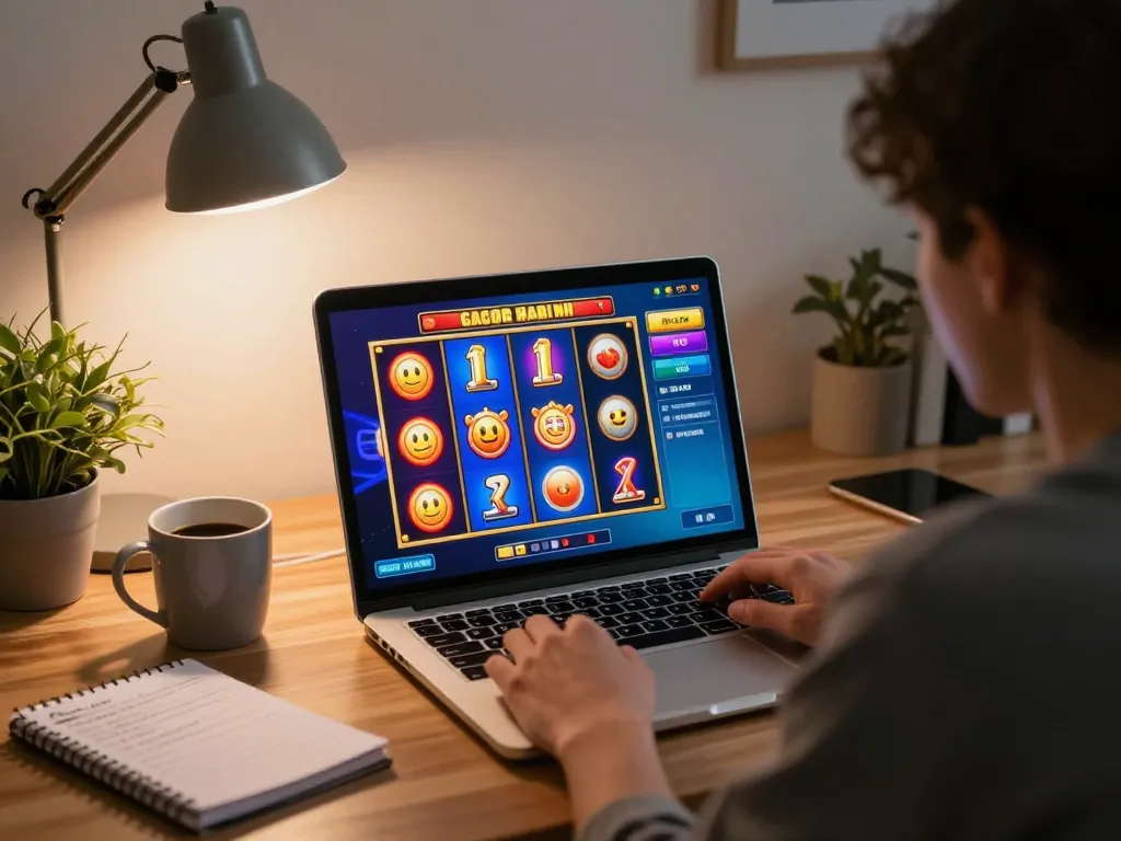 Engaging slot gacor hari ini gameplay on laptop, showcasing exciting spinning reels and thrilling bonus features