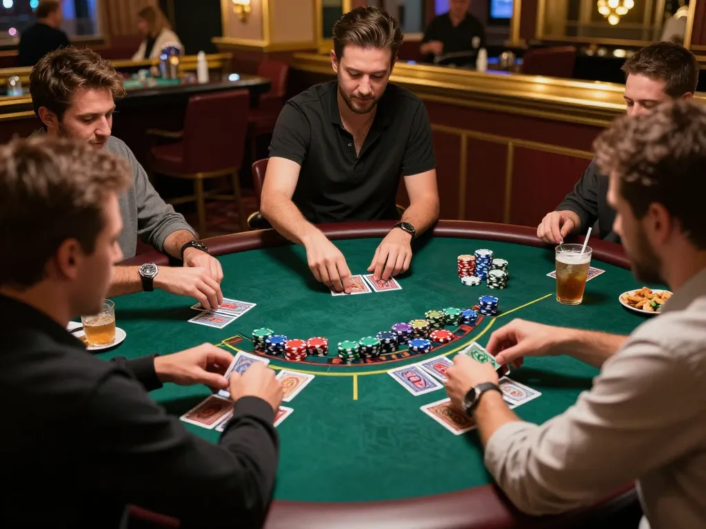 Overlay of F168 blackjack table gameplay with players engaged, vibrant chips scattered around the table.