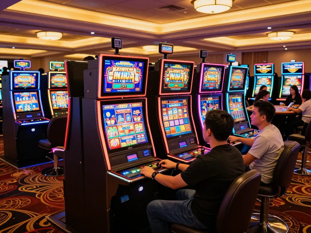 Players enjoy spinning colorful slot machines featuring slot kamboja super gacor, capturing thrilling moments.