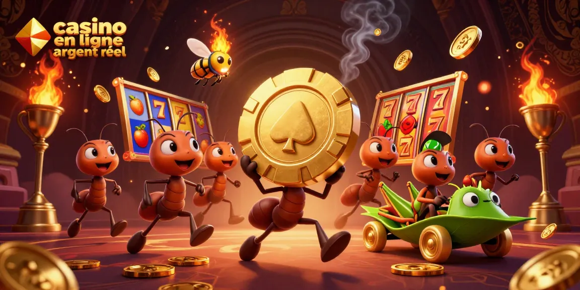 Expérience captivante du casino en ligne argent réel avec des fourmis transférant un jeton dans un tunnel.