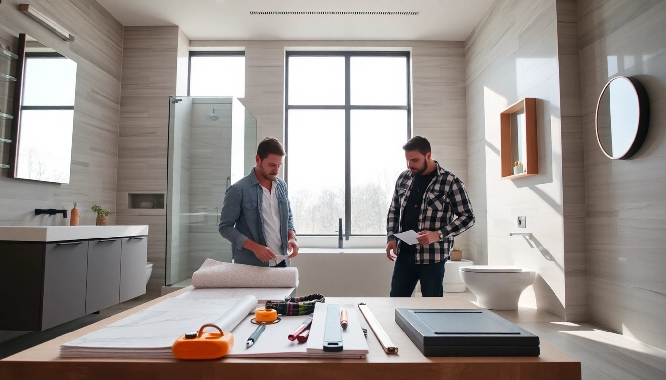 Bathroom remodelers collaborating creatively to redesign a stylish modern bathroom.