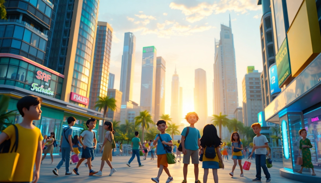 3D Animation characters engaging in a vibrant urban landscape