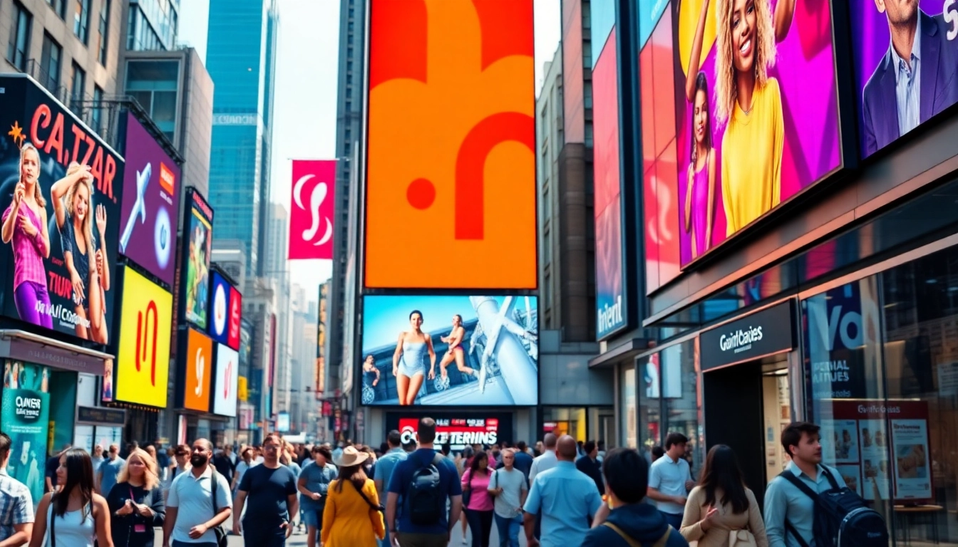 Showcasing digital advertising boards with dynamic content in a lively urban setting.