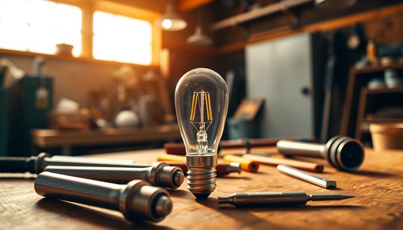 G16 bulb illuminated in a cozy workshop setting with installation tools.