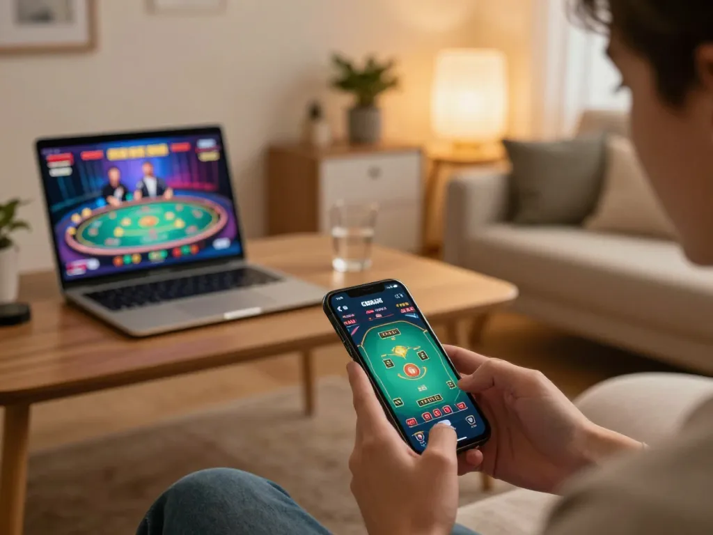 Player using CM88 LINK app to engage in live dealer games on smartphone, cozy home setting